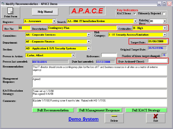 apace audit software recommendations control screen with sample data
