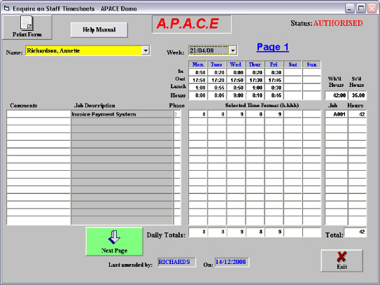 apace audit software time sheet control screen with sample data