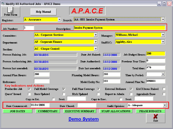 apace audit software job control environment screen with sample data