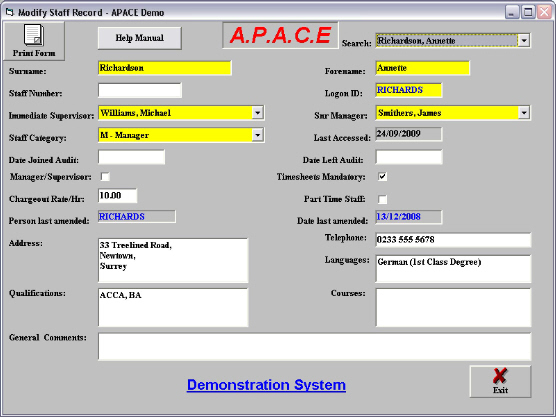 apace audit software staff control environment screen with sample data