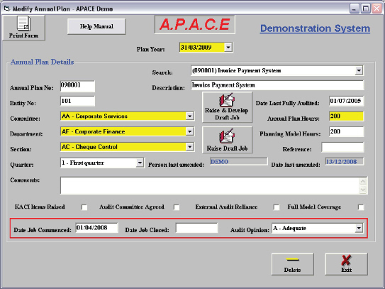 apace audit software annual plan screen with sample data