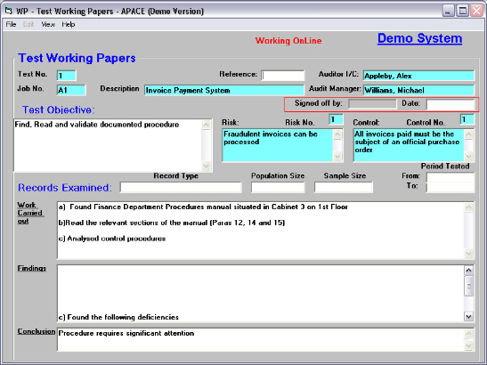 apace audit software working papers test working papers screen